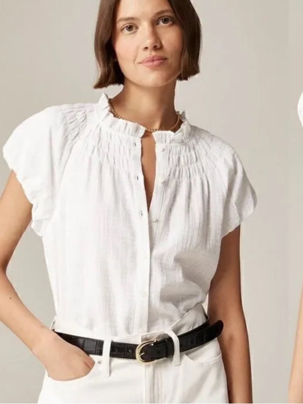 J. Crew White Short-Sleeve Button Front Smocked Collar Blouse. Size XS. Style CA